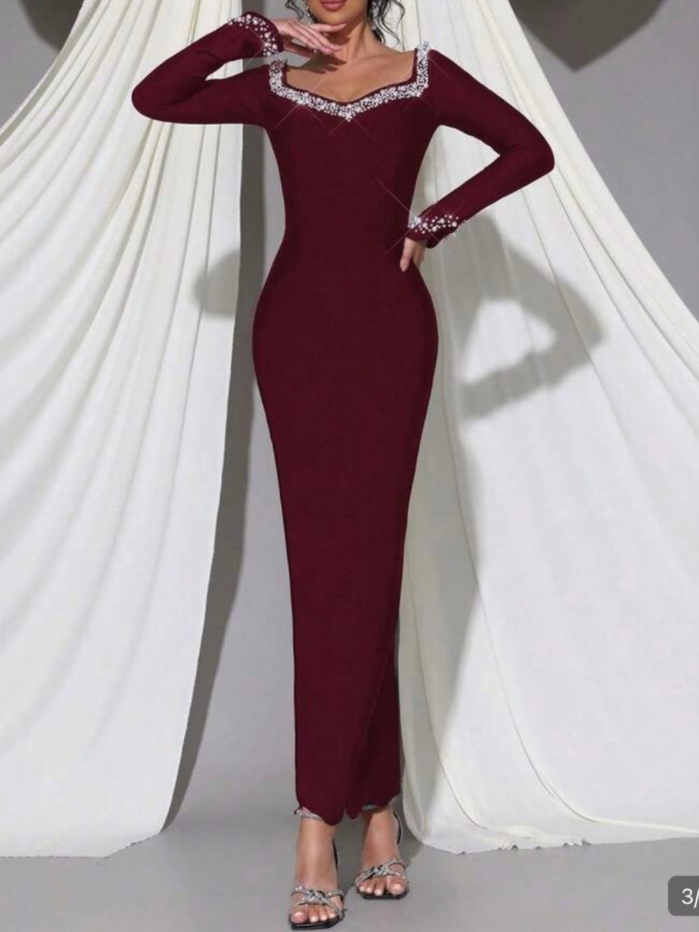 Red Beaded Long Sleeve Bodycon Maxi Dress – Luxury Handmade, Never Worn